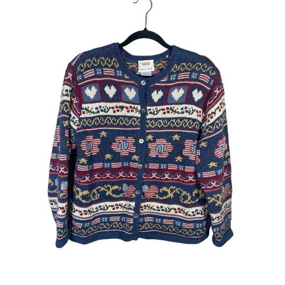 TALBOTS Hand Knit Patriotic Cardigan-Hearts & Flowers-MOP Buttons-Embroidered-PL - Picture 1 of 13